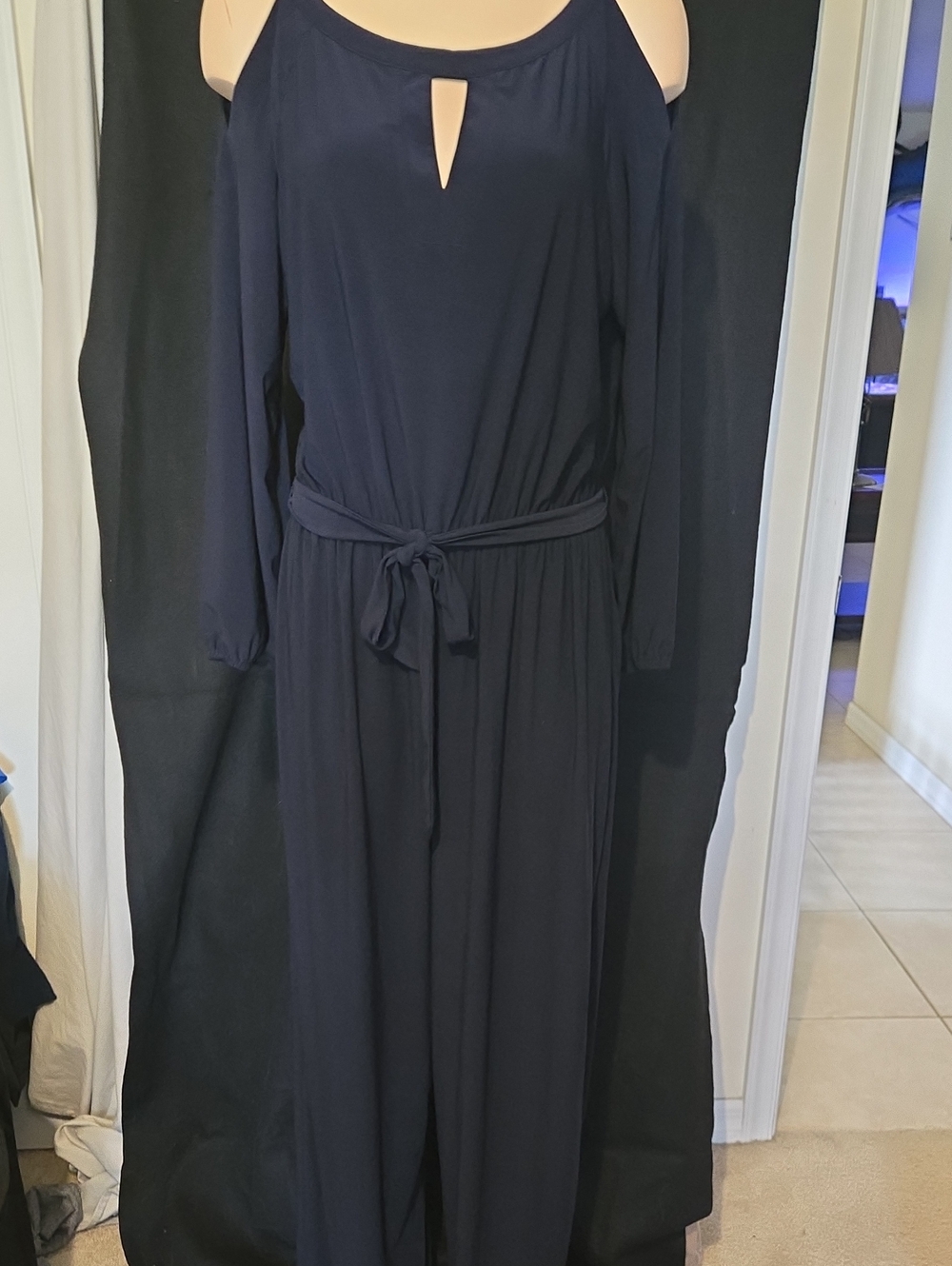 Emma & Michele Navy Blue Cold Shouler Jumpsuit, large